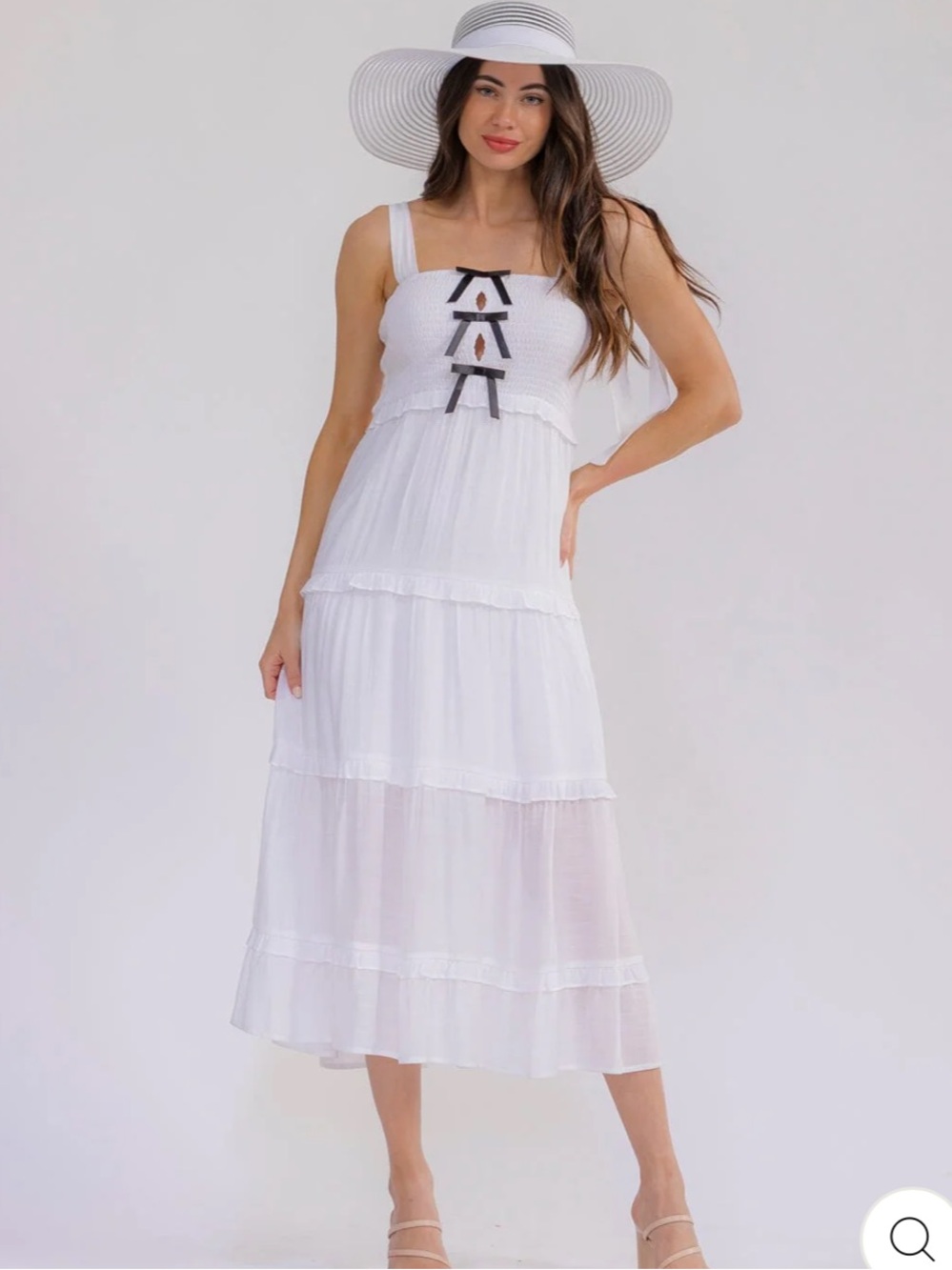 White Tiered Maxi Sundress with Black Bow Detail